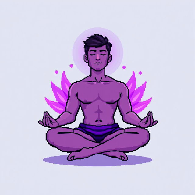 A pixel art illustration of a man meditating, positioned in a classic lotus pose with an enchanting aura surrounding his body