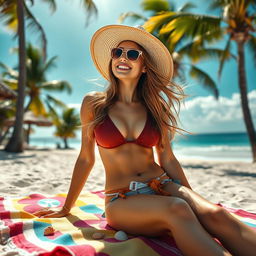 A beautiful young woman wearing a stylish bikini, basking in the sun at a tropical beach