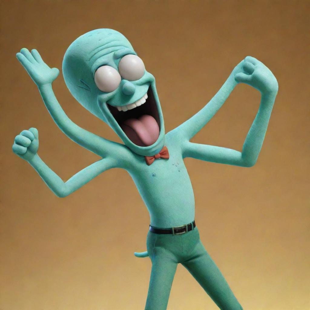 A joyful Squidward Tentacles, from SpongeBob SquarePants, dancing energetically with a big smile on his face.