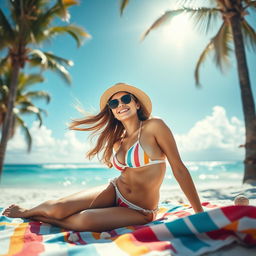 A beautiful young woman wearing a stylish bikini, basking in the sun at a tropical beach