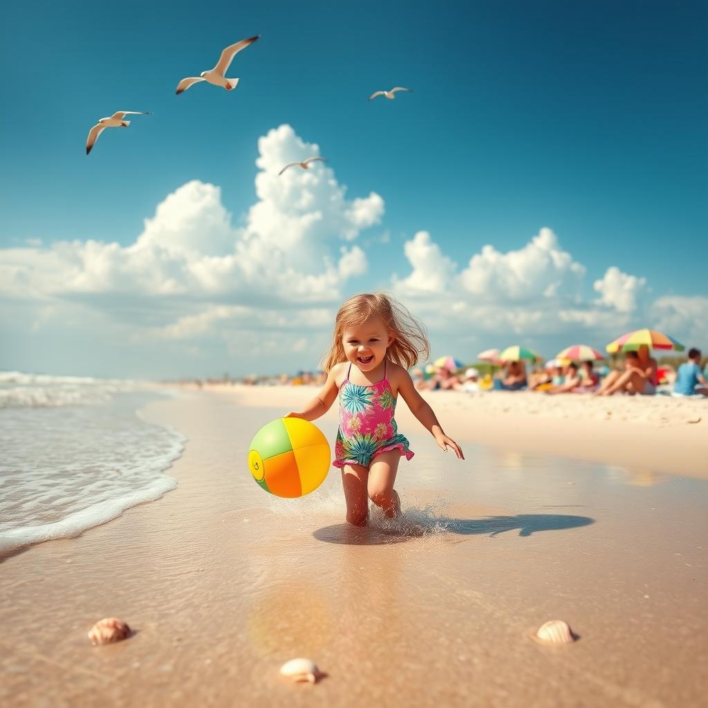 A cheerful summer scene featuring a young girl enjoying a sunny day at the beach