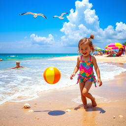 A cheerful summer scene featuring a young girl enjoying a sunny day at the beach