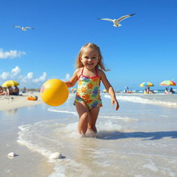 A cheerful summer scene featuring a young girl enjoying a sunny day at the beach