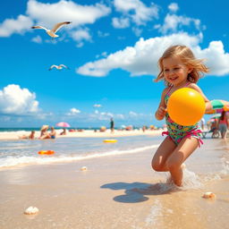 A cheerful summer scene featuring a young girl enjoying a sunny day at the beach