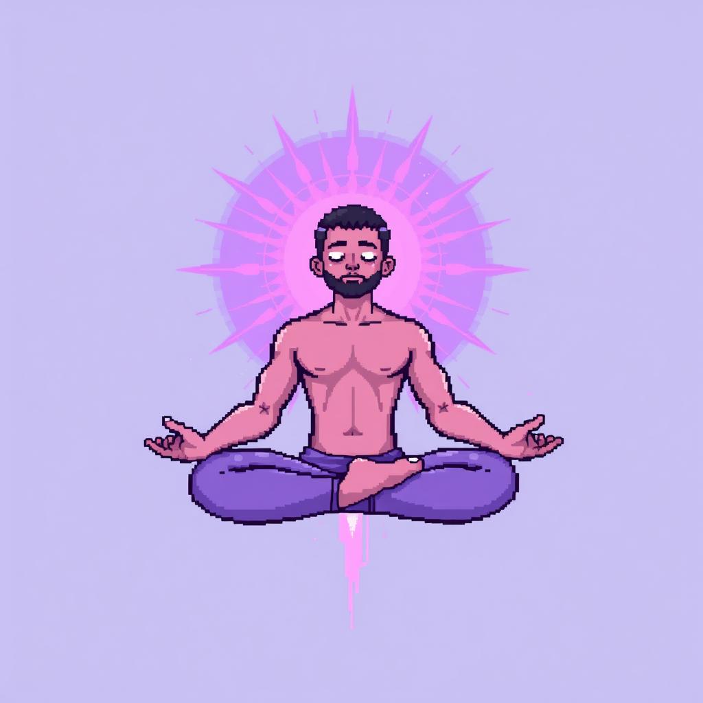 A pixel art illustration of a man meditating while floating in mid-air, surrounded by a radiant aura around his body