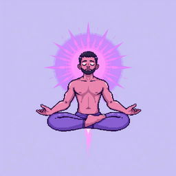 A pixel art illustration of a man meditating while floating in mid-air, surrounded by a radiant aura around his body