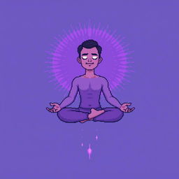 A pixel art illustration of a man meditating while floating in mid-air, surrounded by a radiant aura around his body