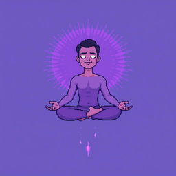 A pixel art illustration of a man meditating while floating in mid-air, surrounded by a radiant aura around his body