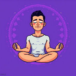 A pixel art illustration of a man meditating while floating in mid-air, surrounded by a radiant aura around his body