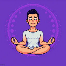 A pixel art illustration of a man meditating while floating in mid-air, surrounded by a radiant aura around his body