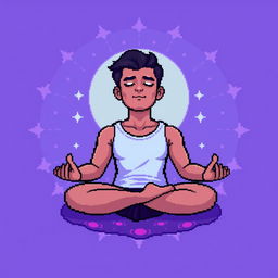 A pixel art illustration of a man meditating while floating in mid-air, surrounded by a radiant aura around his body