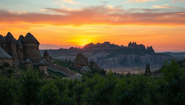 A beautiful panoramic view of a Turkish landscape, featuring the iconic elements of Turkey’s rich heritage