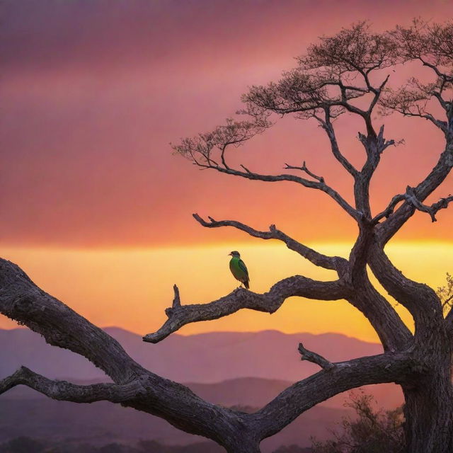 A resplendent bird without wings perched atop an ancient tree during a vibrant sunset