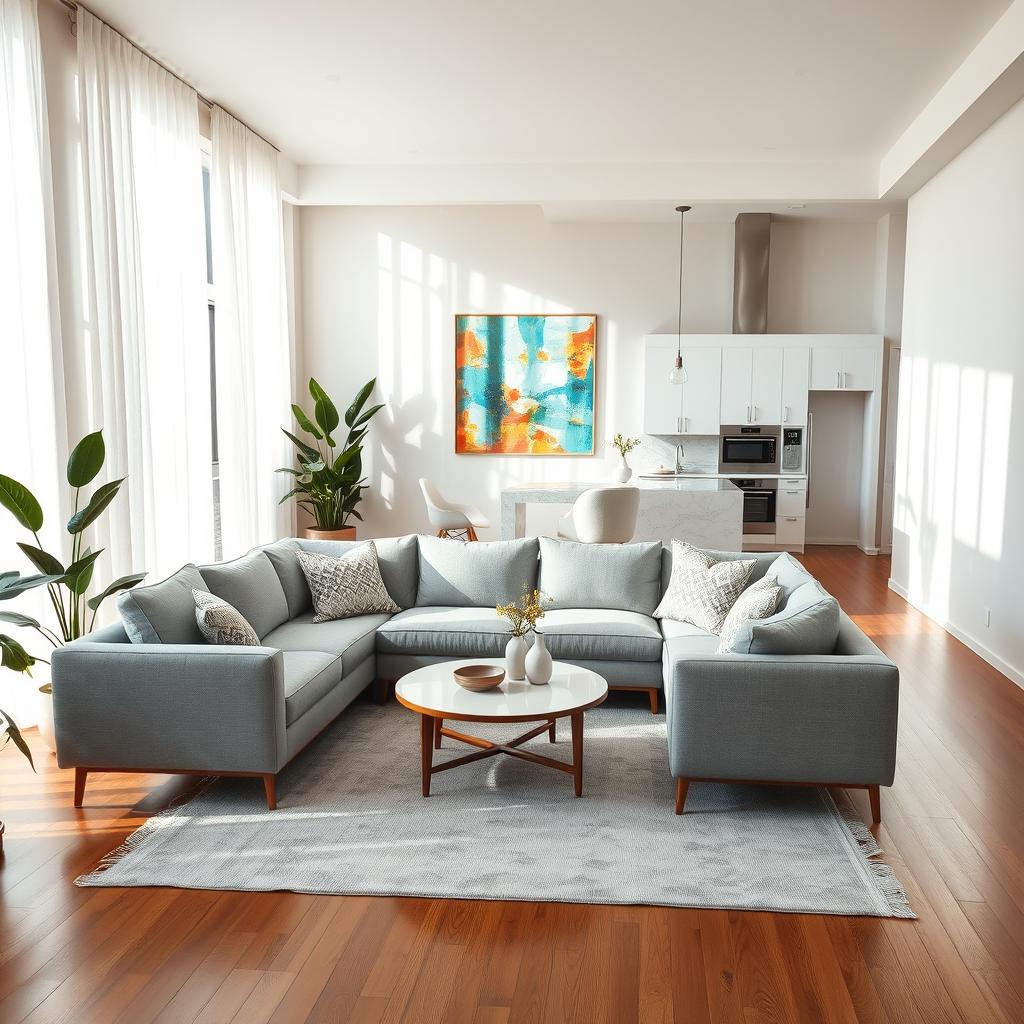 A beautifully designed modern interior space featuring an open-concept living area with a plush, light gray sectional sofa centered around a stylish coffee table