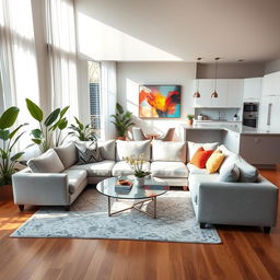 A beautifully designed modern interior space featuring an open-concept living area with a plush, light gray sectional sofa centered around a stylish coffee table