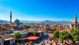 An enchanting urban landscape of a Turkish city, showcasing a blend of modern and traditional architecture