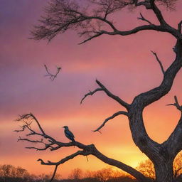 A resplendent bird without wings perched atop an ancient tree during a vibrant sunset