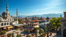 An enchanting urban landscape of a Turkish city, showcasing a blend of modern and traditional architecture