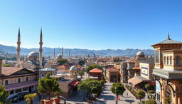 An enchanting urban landscape of a Turkish city, showcasing a blend of modern and traditional architecture