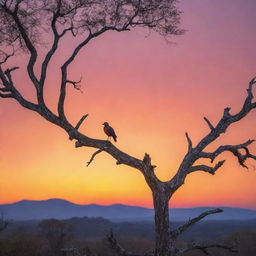 A resplendent bird without wings perched atop an ancient tree during a vibrant sunset