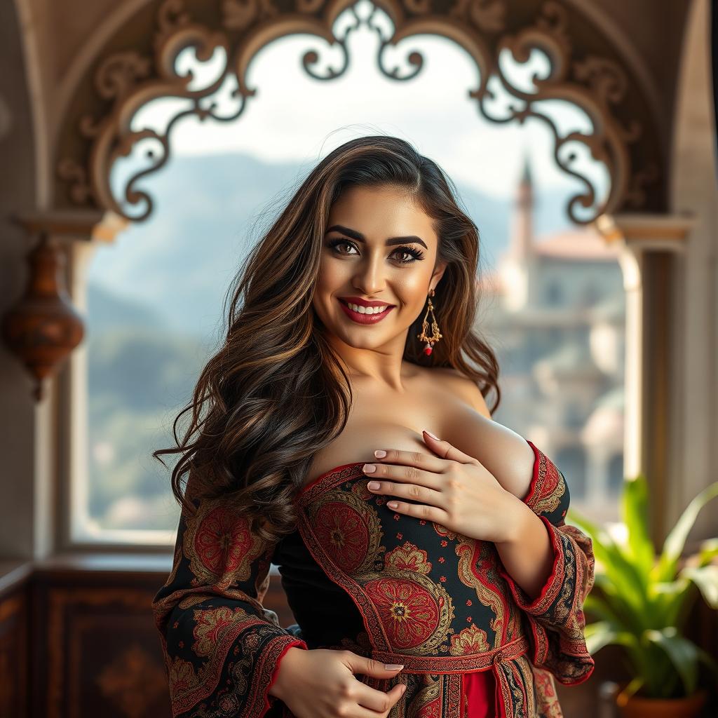 A captivating portrait of a sexy Turkish woman, highlighting her BIG, voluptuous figure in a sensual and provocative pose