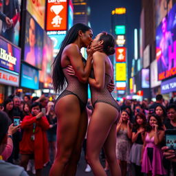 Two beautiful tall ballerinas with long legs, one of African descent wearing a stunning fishnet bodysuit that accentuates her large décolleté, and the other one of Chinese descent, also in a form-fitting fishnet bodysuit