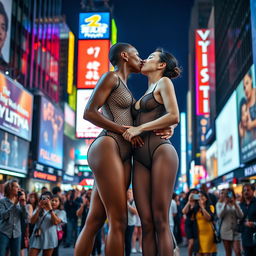 Two beautiful tall ballerinas with long legs, one of African descent wearing a stunning fishnet bodysuit that accentuates her large décolleté, and the other one of Chinese descent, also in a form-fitting fishnet bodysuit