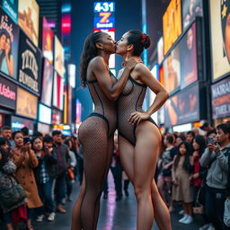 Two beautiful tall ballerinas with long legs, one of African descent wearing a stunning fishnet bodysuit that accentuates her large décolleté, and the other one of Chinese descent, also in a form-fitting fishnet bodysuit