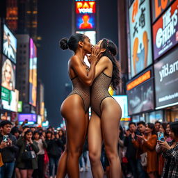 Two beautiful tall ballerinas with long legs, one of African descent wearing a stunning fishnet bodysuit that accentuates her large décolleté, and the other one of Chinese descent, also in a form-fitting fishnet bodysuit