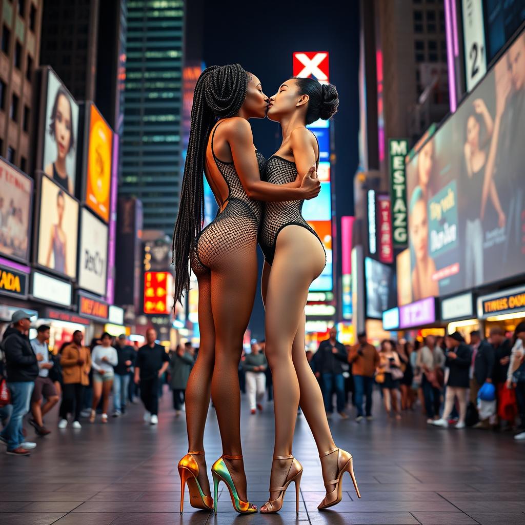 Two beautiful tall ballerinas with long legs, one of African descent with long braided hair wearing a striking fishnet bodysuit featuring high leg cutouts and high heels, showcasing her large décolleté