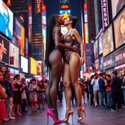 Two beautiful tall ballerinas with long legs, one of African descent with long braided hair wearing a striking fishnet bodysuit featuring high leg cutouts and high heels, showcasing her large décolleté