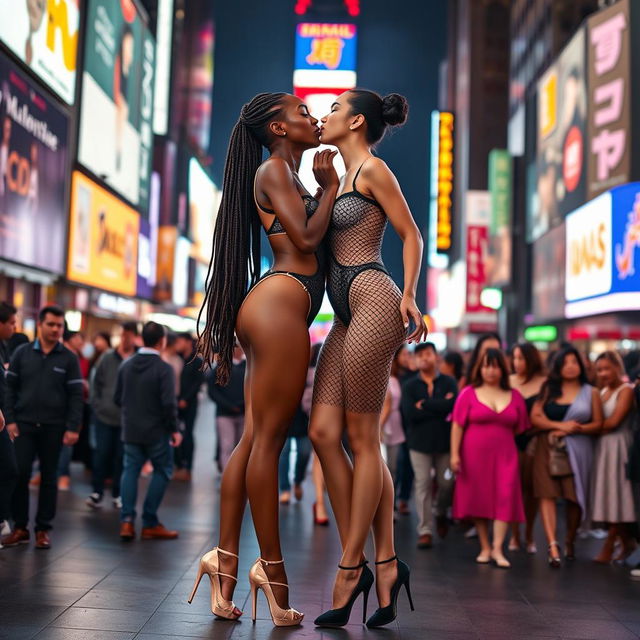 Two beautiful tall ballerinas with long legs, one of African descent with long braided hair wearing a striking fishnet bodysuit featuring high leg cutouts and high heels, showcasing her large décolleté