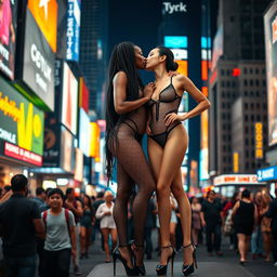 Two beautiful tall ballerinas with long legs, one of African descent with long braided hair wearing a striking fishnet bodysuit featuring high leg cutouts and high heels, showcasing her large décolleté