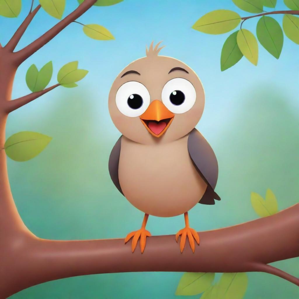 A loveable and expressive, wingless cartoon bird, with bright, optimistic eyes and a friendly smile, sitting happily on a tree branch set in a colorful animated landscape