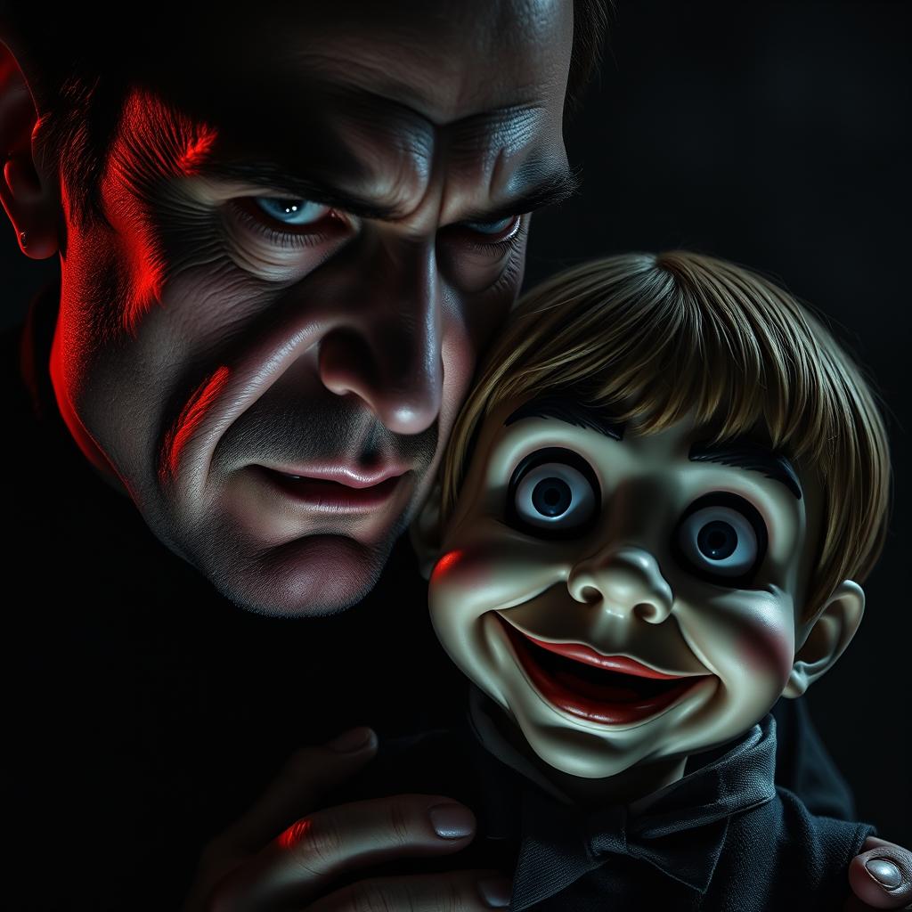 A hyper-realistic horror scene featuring a man with a ventriloquist dummy that resembles a young boy