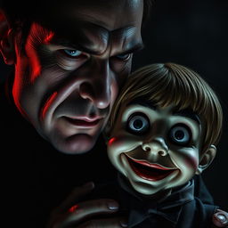 A hyper-realistic horror scene featuring a man with a ventriloquist dummy that resembles a young boy