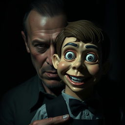 A hyper-realistic horror scene featuring a man with a ventriloquist dummy that resembles a young boy