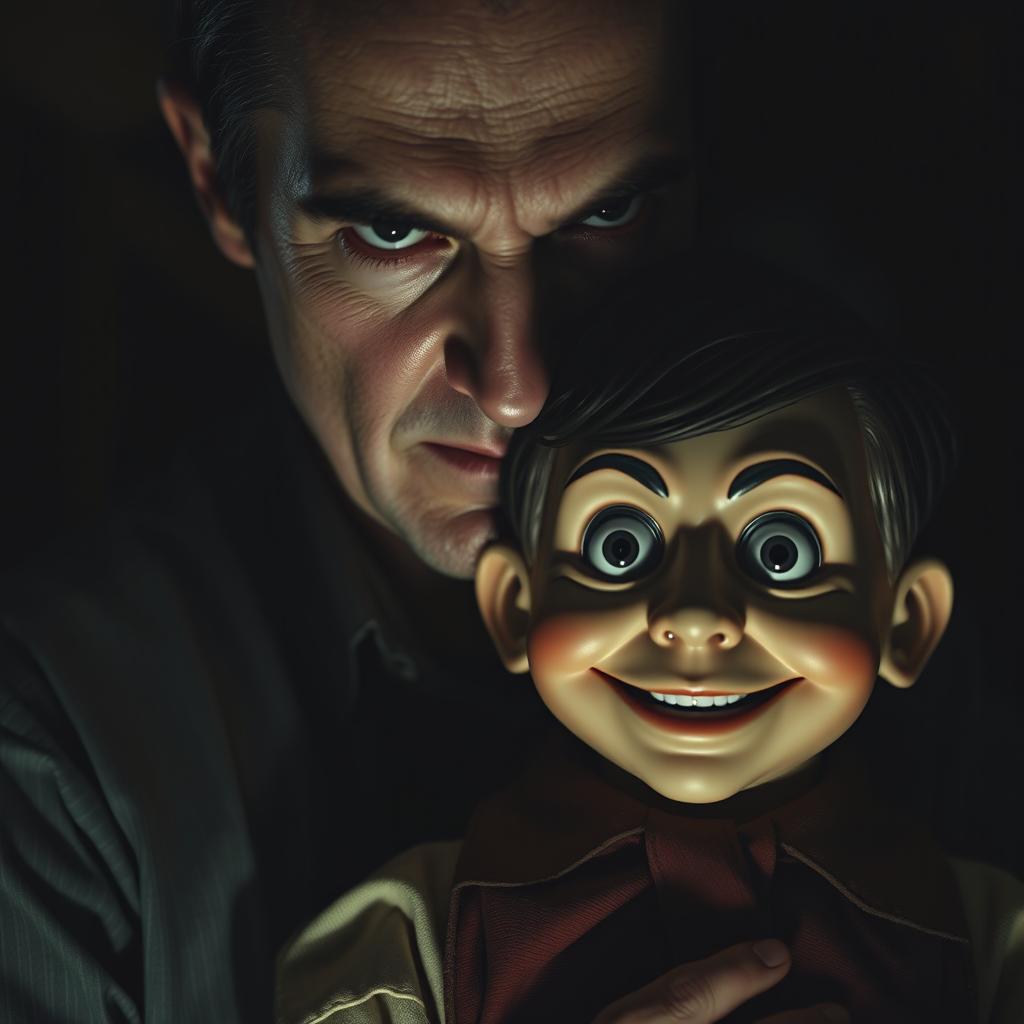 A hyper-realistic horror scene featuring a man with a ventriloquist dummy that resembles a young boy