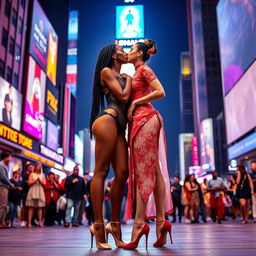 Two beautiful tall ballerinas with long legs, one of African descent with long braided hair wearing a stunning fishnet bodysuit featuring high leg cutouts and high heels that highlight her large décolleté