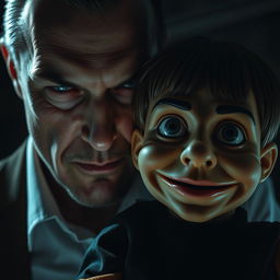 A hyper-realistic horror scene featuring a man with a ventriloquist dummy that resembles a young boy