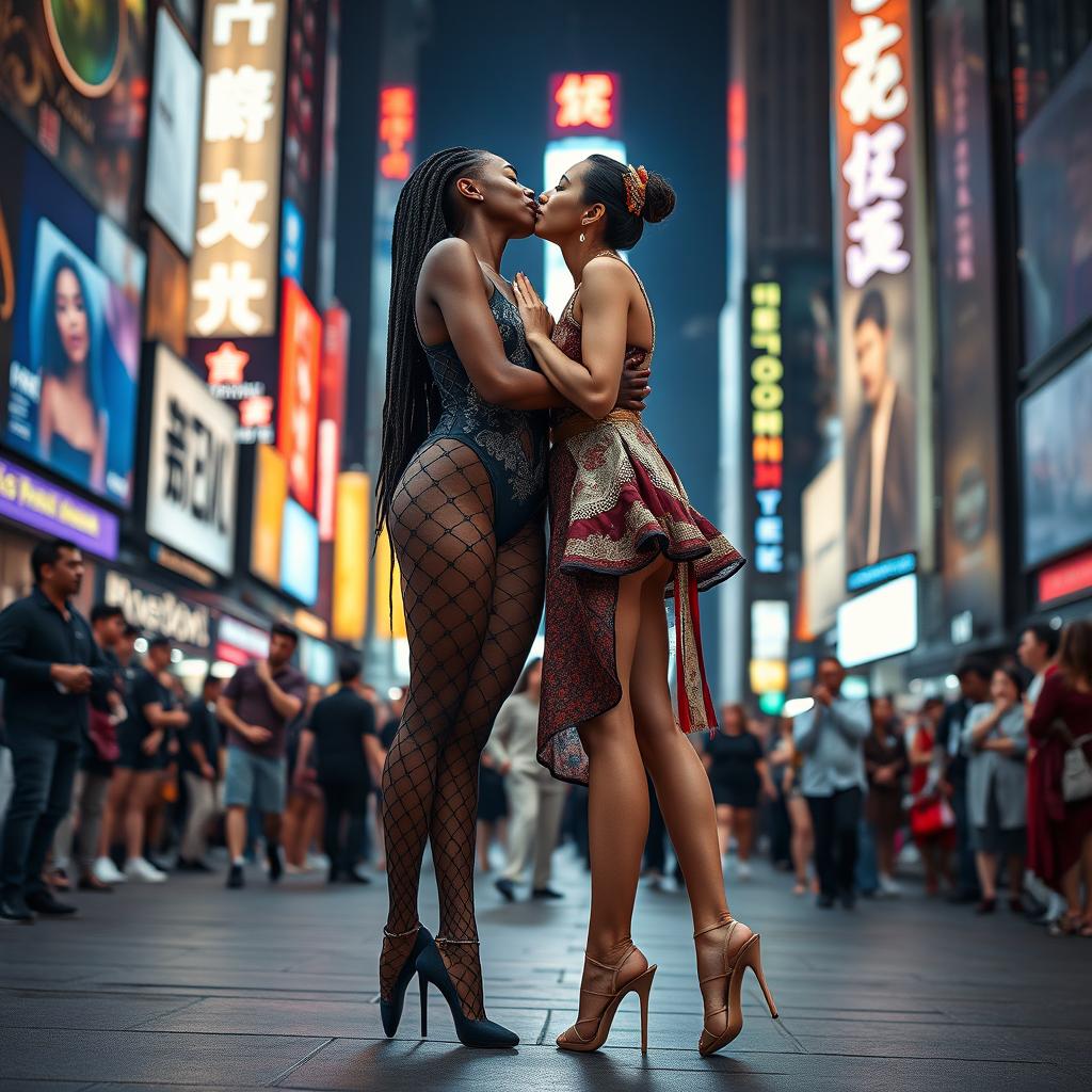 Two beautiful tall ballerinas with long legs, one of African descent with long braided hair wearing a stunning fishnet bodysuit featuring high leg cutouts and high heels that highlight her large décolleté