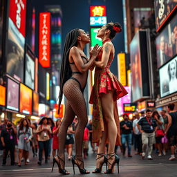 Two beautiful tall ballerinas with long legs, one of African descent with long braided hair wearing a stunning fishnet bodysuit featuring high leg cutouts and high heels that highlight her large décolleté