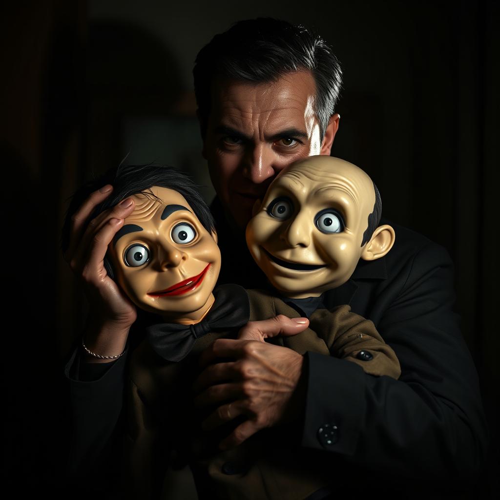 A hyper-realistic horror scene featuring a full-body view of a man holding a ventriloquist dummy that looks like a young boy