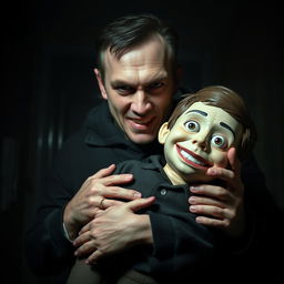 A hyper-realistic horror scene featuring a full-body view of a man holding a ventriloquist dummy that looks like a young boy