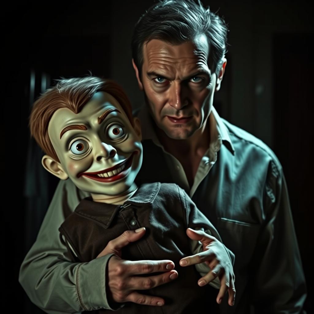 A hyper-realistic horror scene featuring a full-body view of a man holding a ventriloquist dummy that looks like a young boy