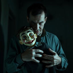 A hyper-realistic horror scene featuring a full-body view of a man holding a ventriloquist dummy that looks like a young boy