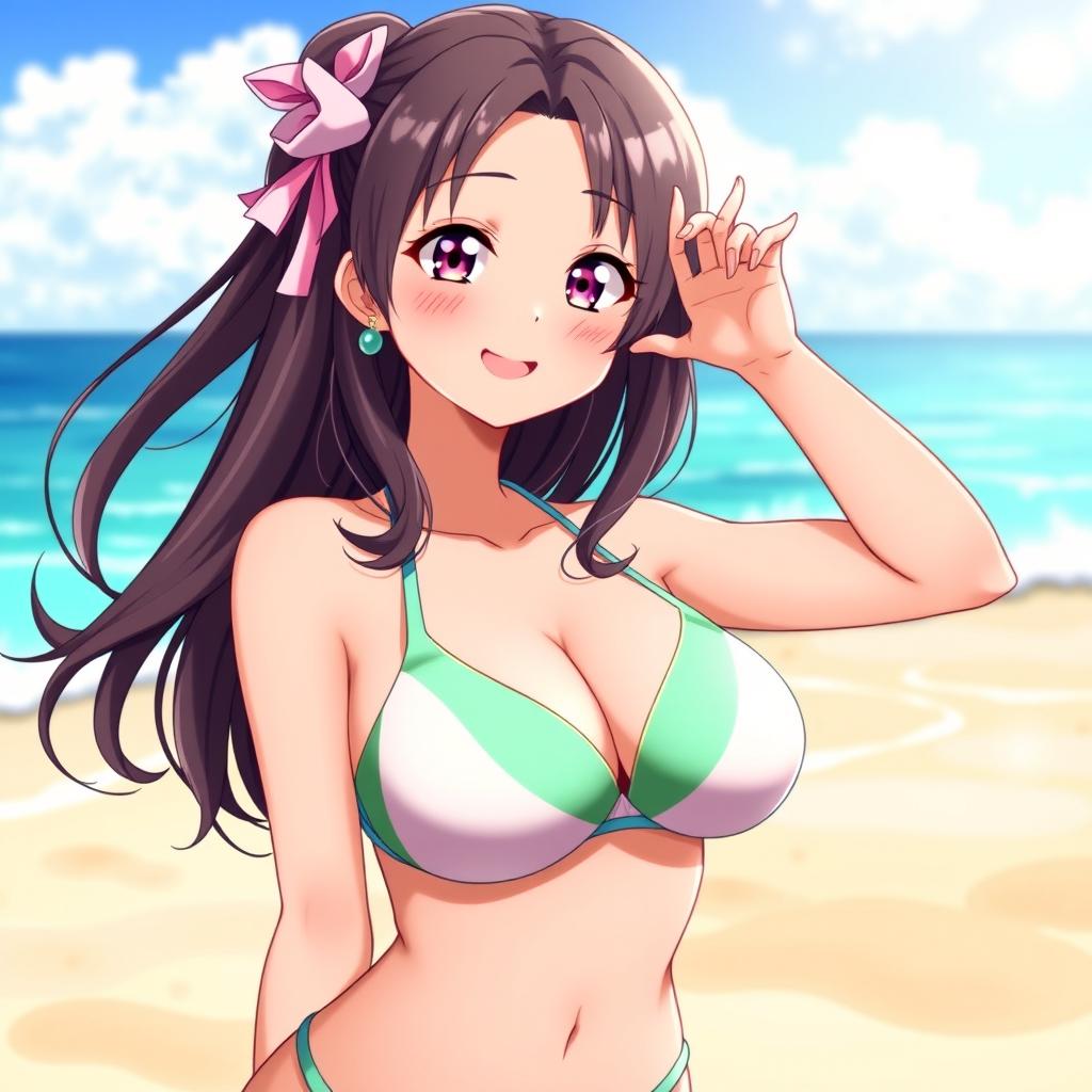 An anime girl with large breasts and a curvy figure, posing confidently in a colorful bikini