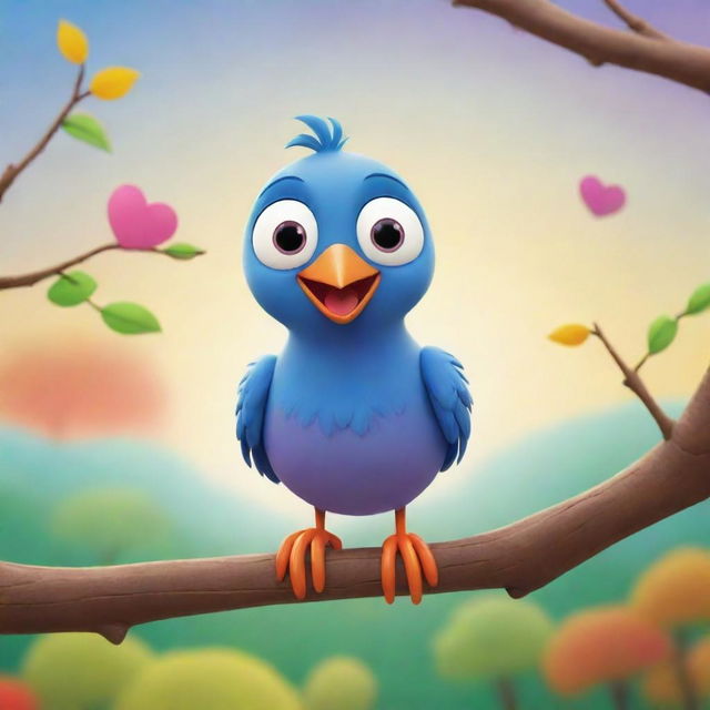 A loveable and expressive, wingless cartoon bird, with bright, optimistic eyes and a friendly smile, sitting happily on a tree branch set in a colorful animated landscape