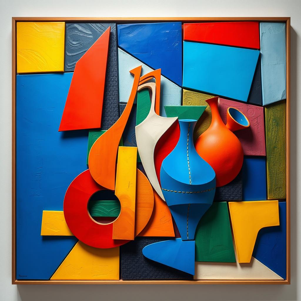 A vibrant and dynamic cubism art piece designed for a wall installation, featuring abstract geometric shapes and a bold color palette including blues, reds, yellows, and greens