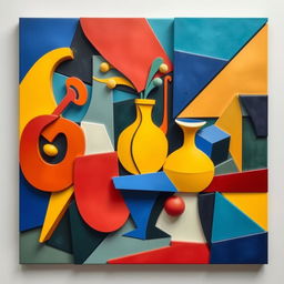 A vibrant and dynamic cubism art piece designed for a wall installation, featuring abstract geometric shapes and a bold color palette including blues, reds, yellows, and greens